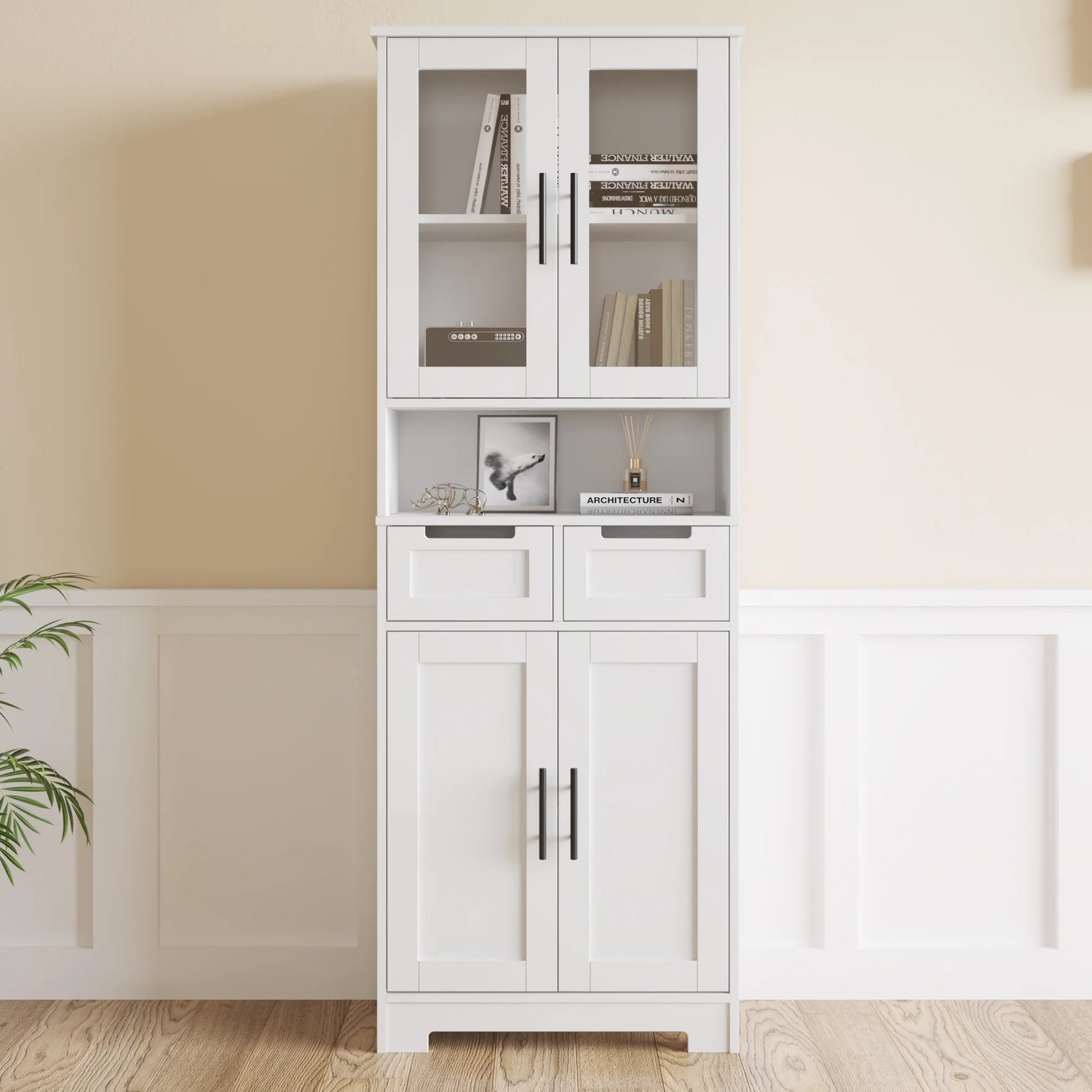 UBesGoo Tall Bathroom Cabinet Storage with 4 Doors & 2 Drawers, Wooden Kitchen Hutch, Large Display Cabinet, White