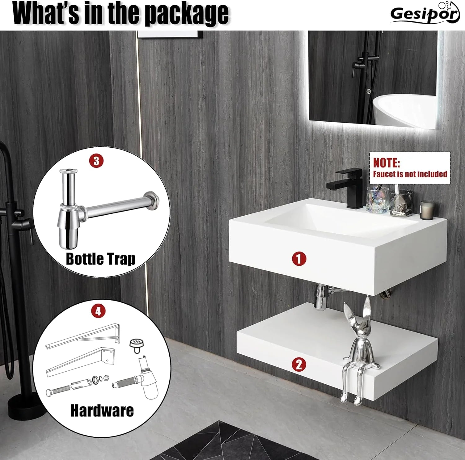 GGISHA 24"x19" Wall-Mount Stone Resin Bathroom Sink Rectangular Vessel Sinks for Bathroom Floating Vanity Sink Trough Modern Art Basin with Shelf Layer