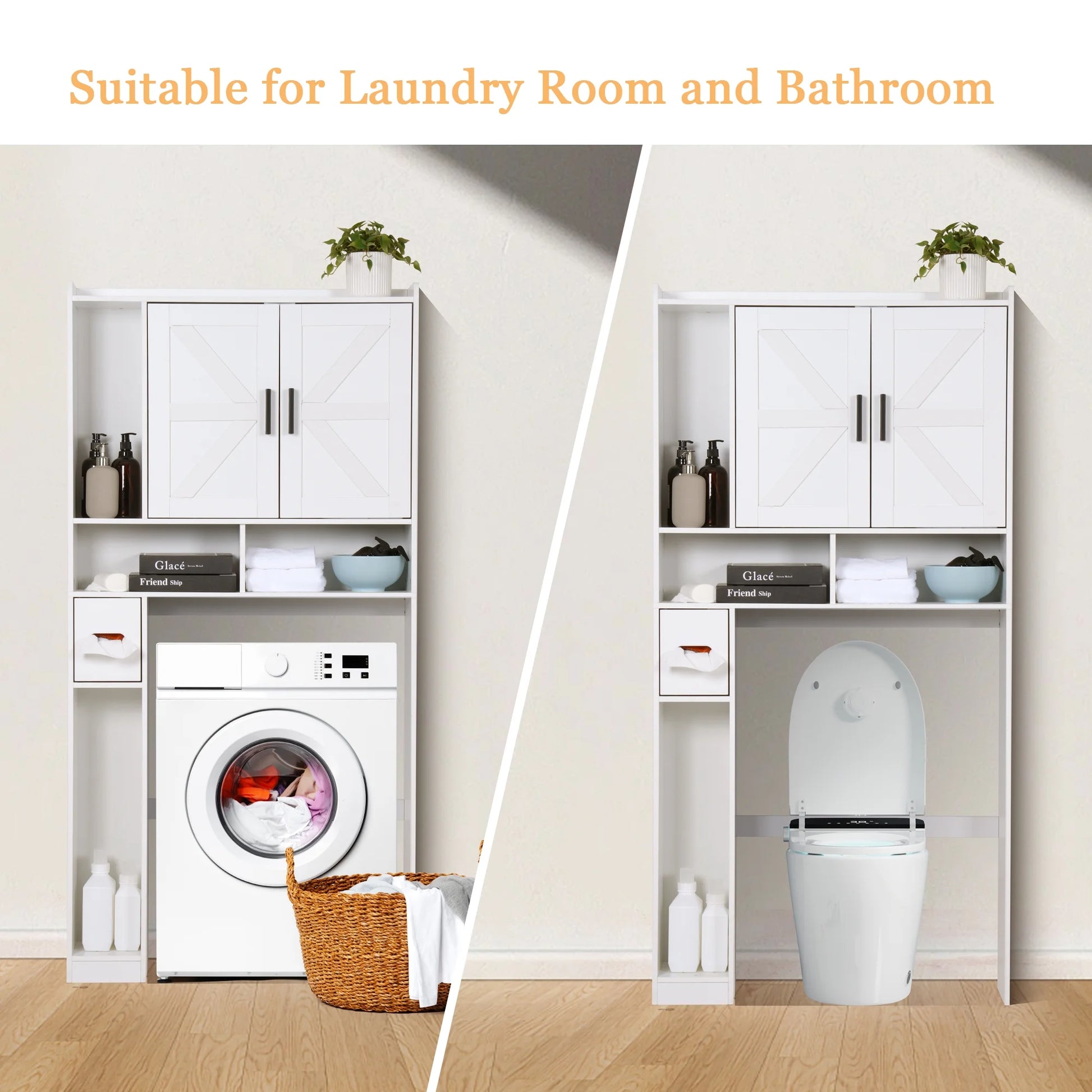 YISUFO Over the Toilet Storage Cabinet, Freestanding Bathroom Organizer with Adjustable Shelves, Waterproof, 65" H x 32" D x 7.7" W, White