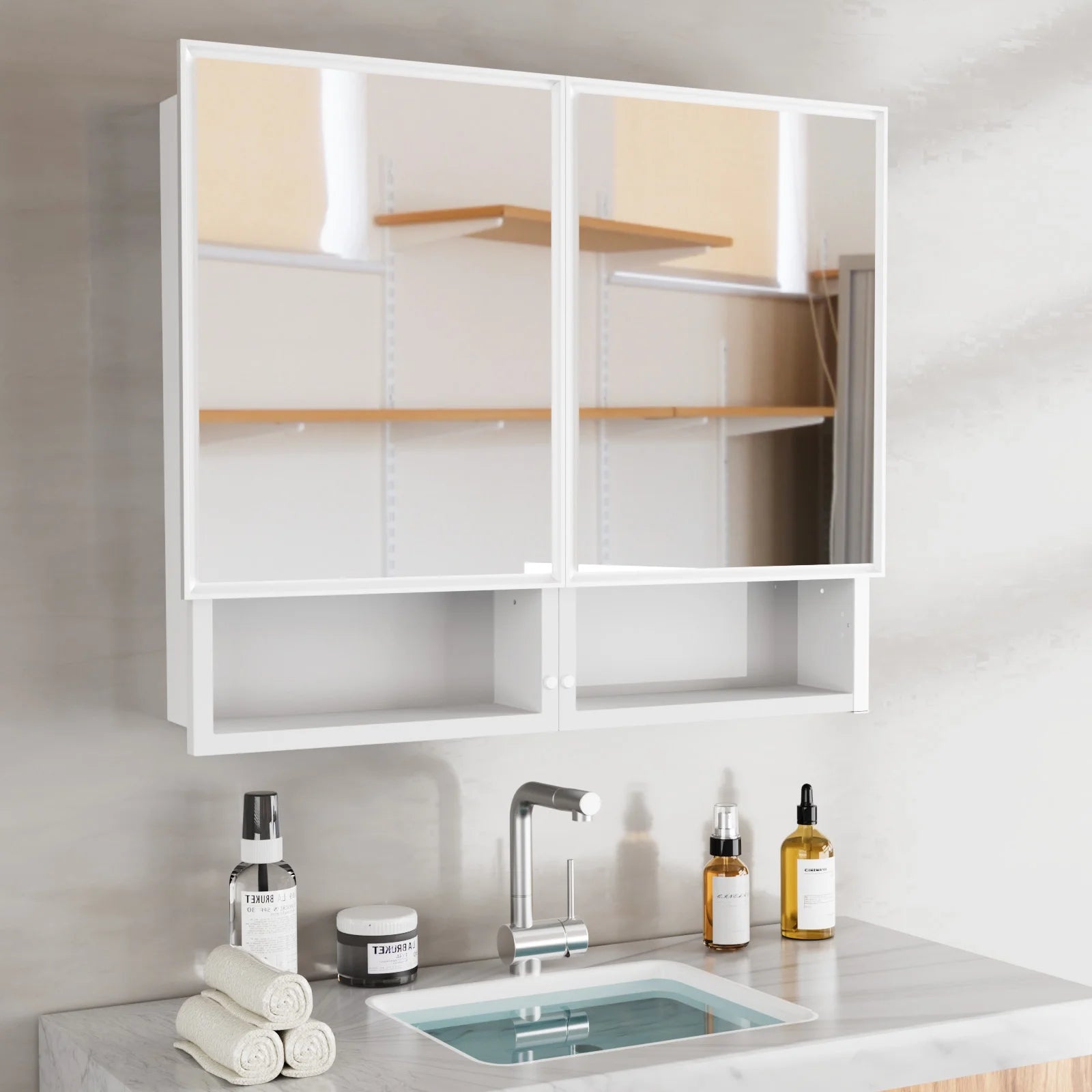 FUMANGO 32x26 Mirror Cabinet, Simple& Beautiful, Large Storage Space, Matte White for Bathroom Vanity