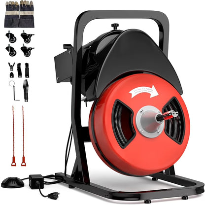 50FTx1/2 Inch Drain Cleaner Machine, Sewer Snake Electric Drain for 2" to 4" Pipes, Plumbing Snake Auger Cleaner with Wheels & 4 Cutter & Foot Switch for Sewer, Sink, Toilet, Bathroom and Shower