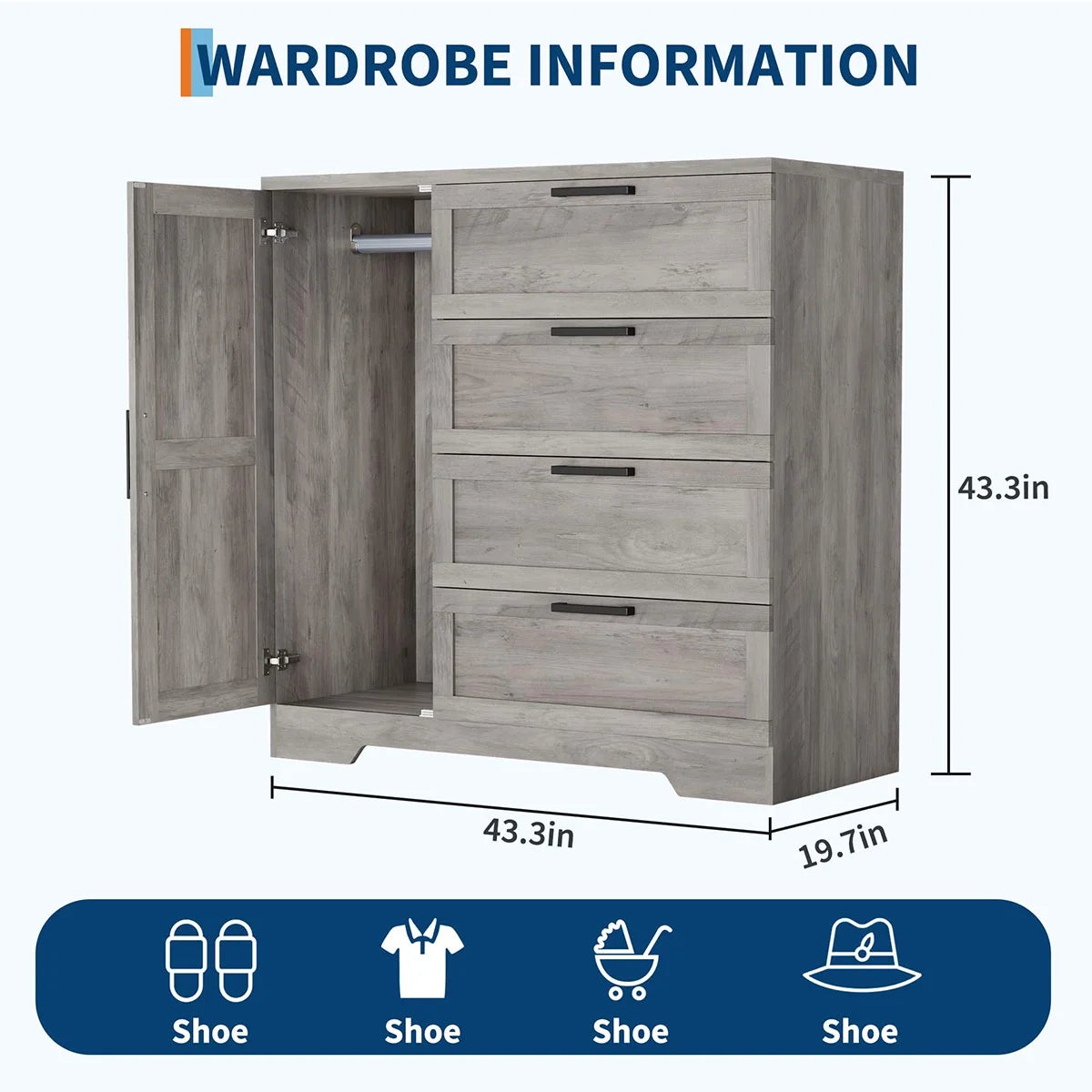Ataucjin Wood Armoire Wardrobe Closet with 4 Drawers and Door, 43.3" H Bedroom Wardrobe Cabinet with Hanging Rod, Clothing Storage Cabinets, 4 Drawers Dresser with Storage Closet