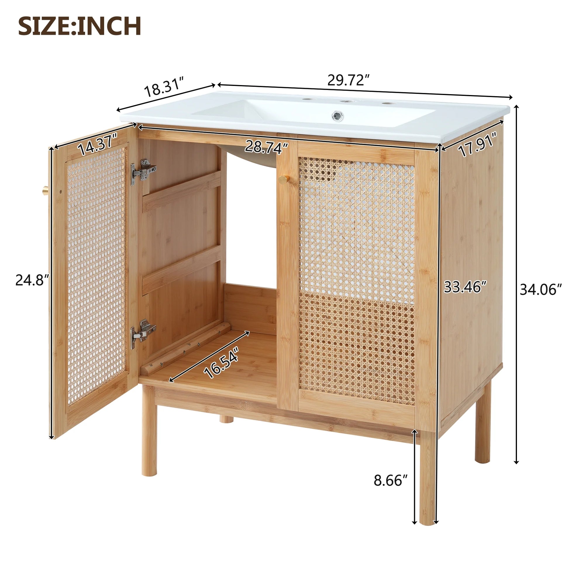 Harper & Bright Designs 30" Rattan Bathroom Vanity Combo with Ceramic Sink, Bathroom Vanity Cabinet with Soft Close Doors, Wood