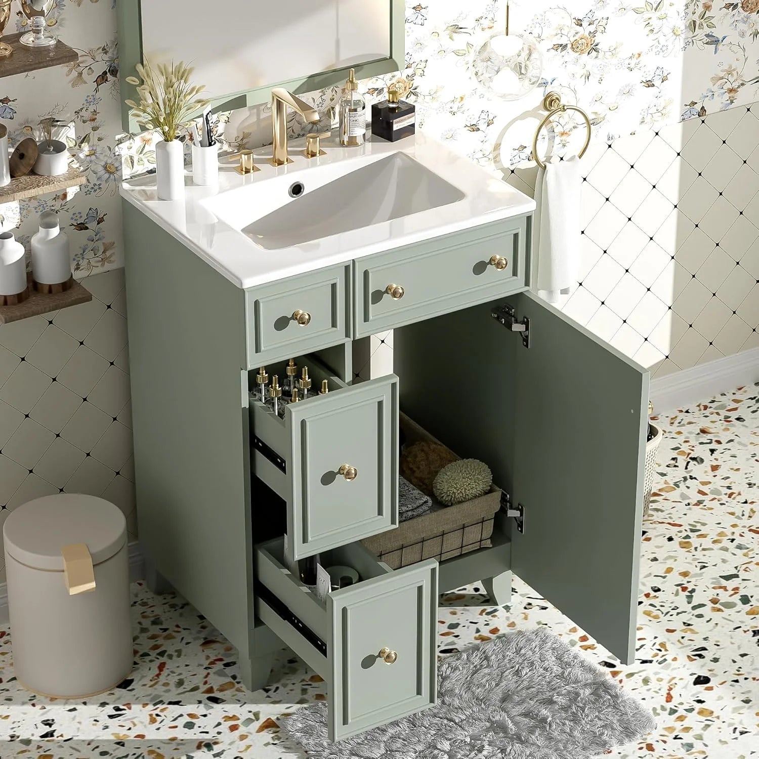 24-Inch Bathroom Vanity Cabinet with Ceramic Sink, 2 Drawers, 1 Door, Light Green