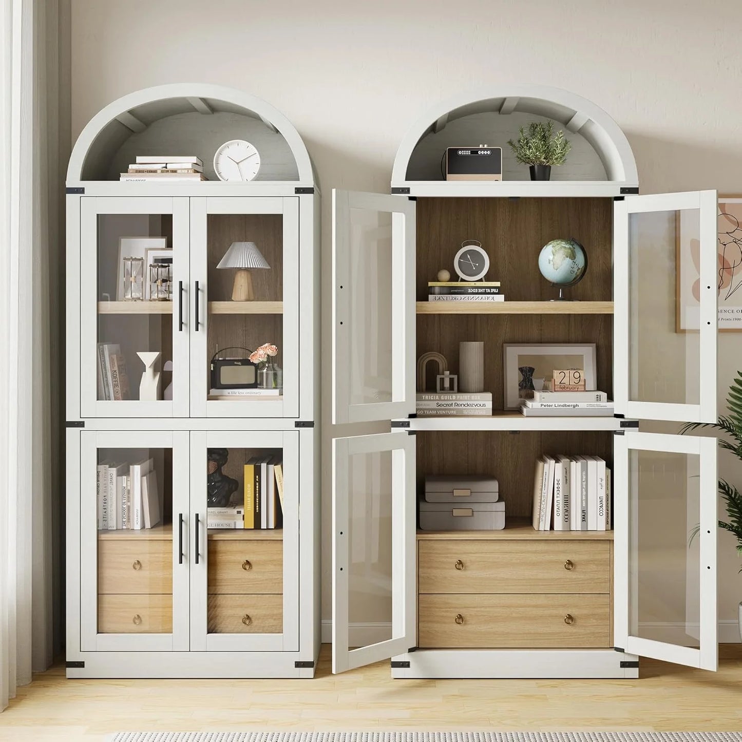 Arched Kitchen Pantry Storage Cabinet with 2 Drawers, 71-Inch Tall Farmhouse Wood Bookcase with 4 Doors for Kitchen Dining Room Bathroom