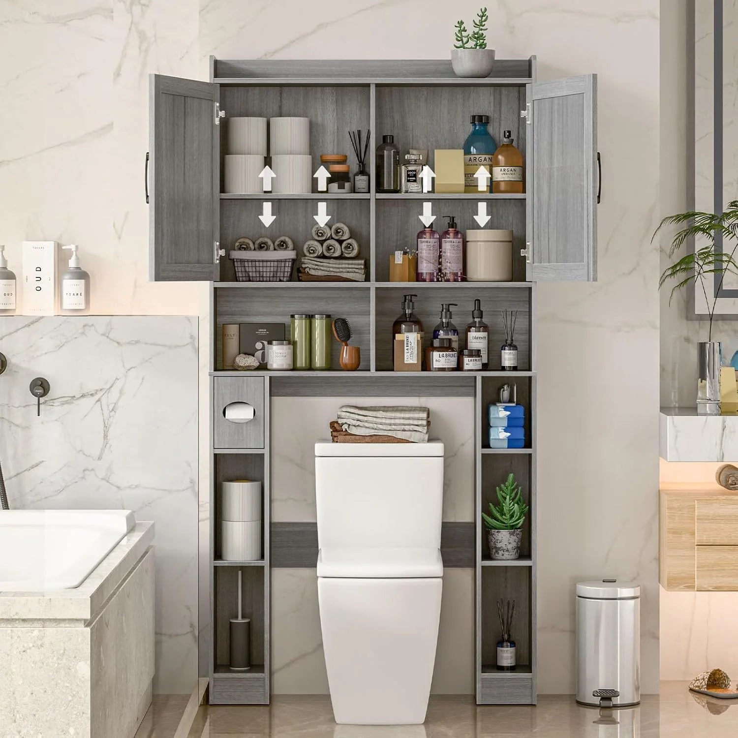 Vabches Over The Toilet Storage Cabinet with Toilet Paper Holder Stand, Above Toilet with Adjustable Shelf & 2 Doors