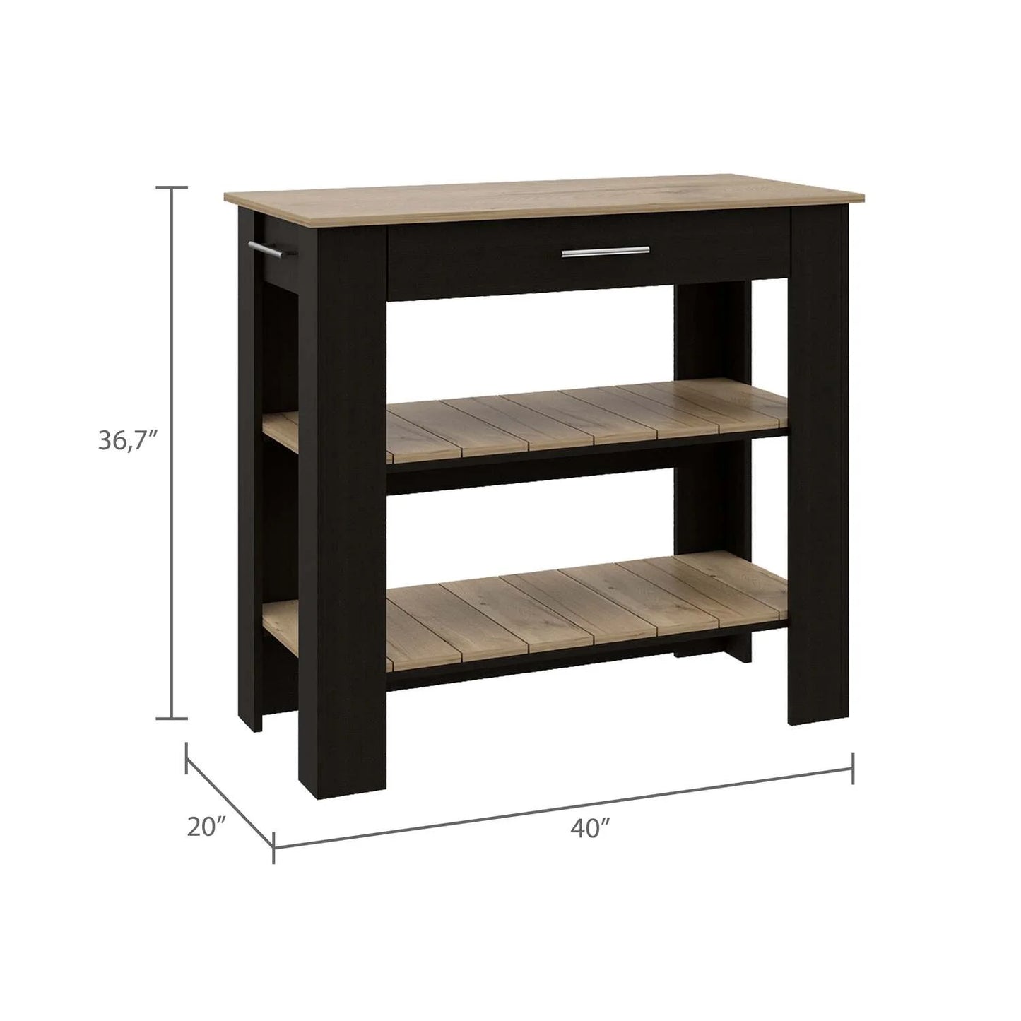 Depot E-Shop Delos 40 Kitchen Island with 2 Shelves, Drawer, 4 Legs, and Towel Rack, Black/Light Oak