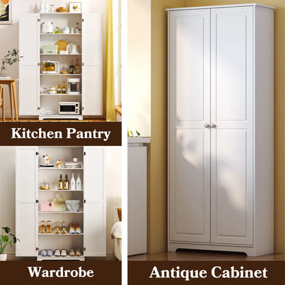 UBesGoo 72" Traditional Freestanding Kitchen Pantry Cabinet Wardrobe Armoire with 4 Adjustable Shelves, White
