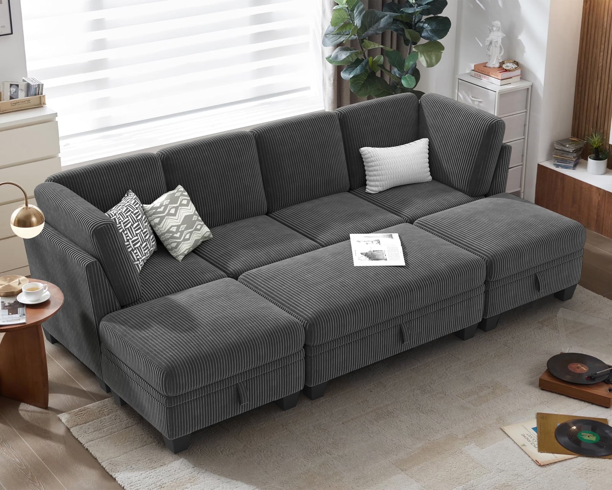 CHIC HOUSE 154.5" Sectional Sofa with Storage Ottoman Chaise, Corduroy U Shaped Sofa Convertible Sectional Couches for Living Room, 12 Seater Corner Modular Sofa with Deep Seat Throw Pillows, Green