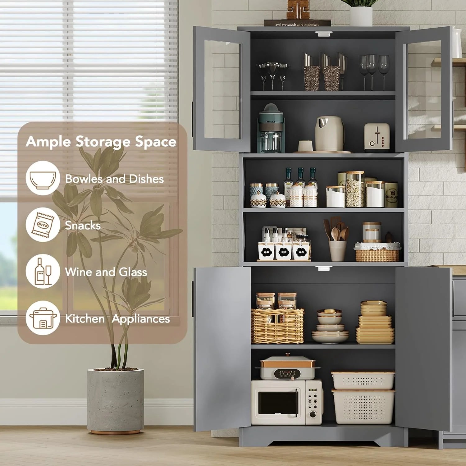 Studyset Tall Bathroom Cabinet, Freestanding Bathroom Storage Cabinet with Glass Doors and Adjustable Shelves, 67" Cupboard Modern Storage Cabinet for Kitchen, Pantry, Living Room