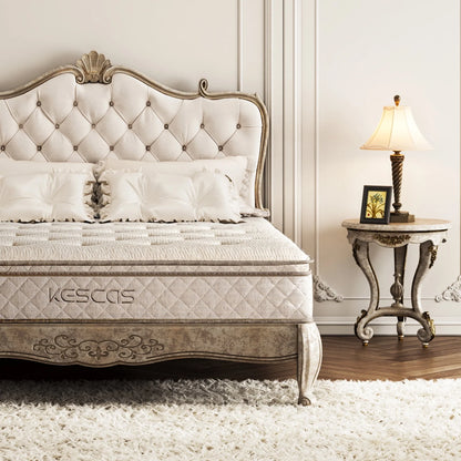 Queen Size Hybrid Mattress, Kescas 10 inch Euro Top Linen Cover Innerspring Mattress in a Box, with CertiPUR-US Certified Memory Foam, Plush Yet Supportive