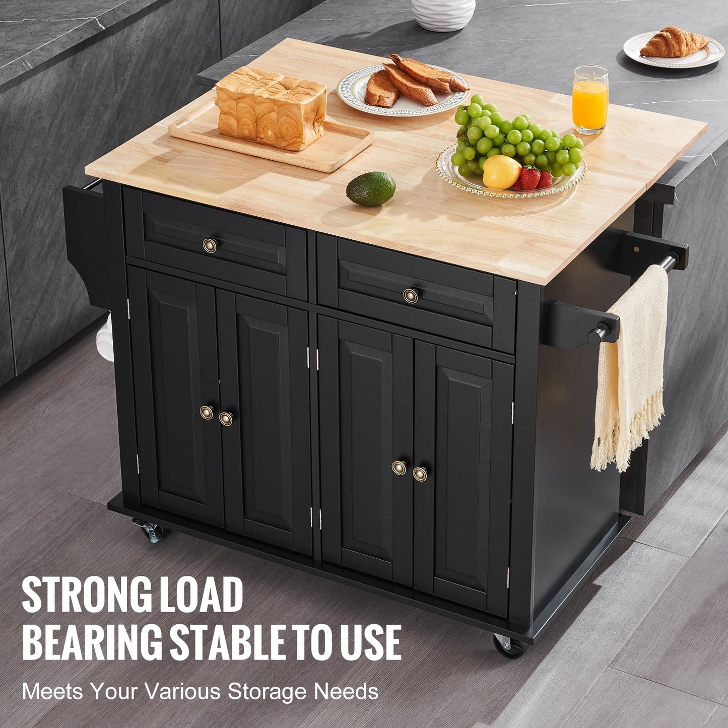 VEVOR Kitchen Island Cart, 43" Wood Top Mobile Carts with Storage Cabinet, Rolling Table with Drop Leaf, Spice Rack, Towel Bar, Adjustable Shelf, Drawer, and Hooks, Portable Islands on Wheels, Black