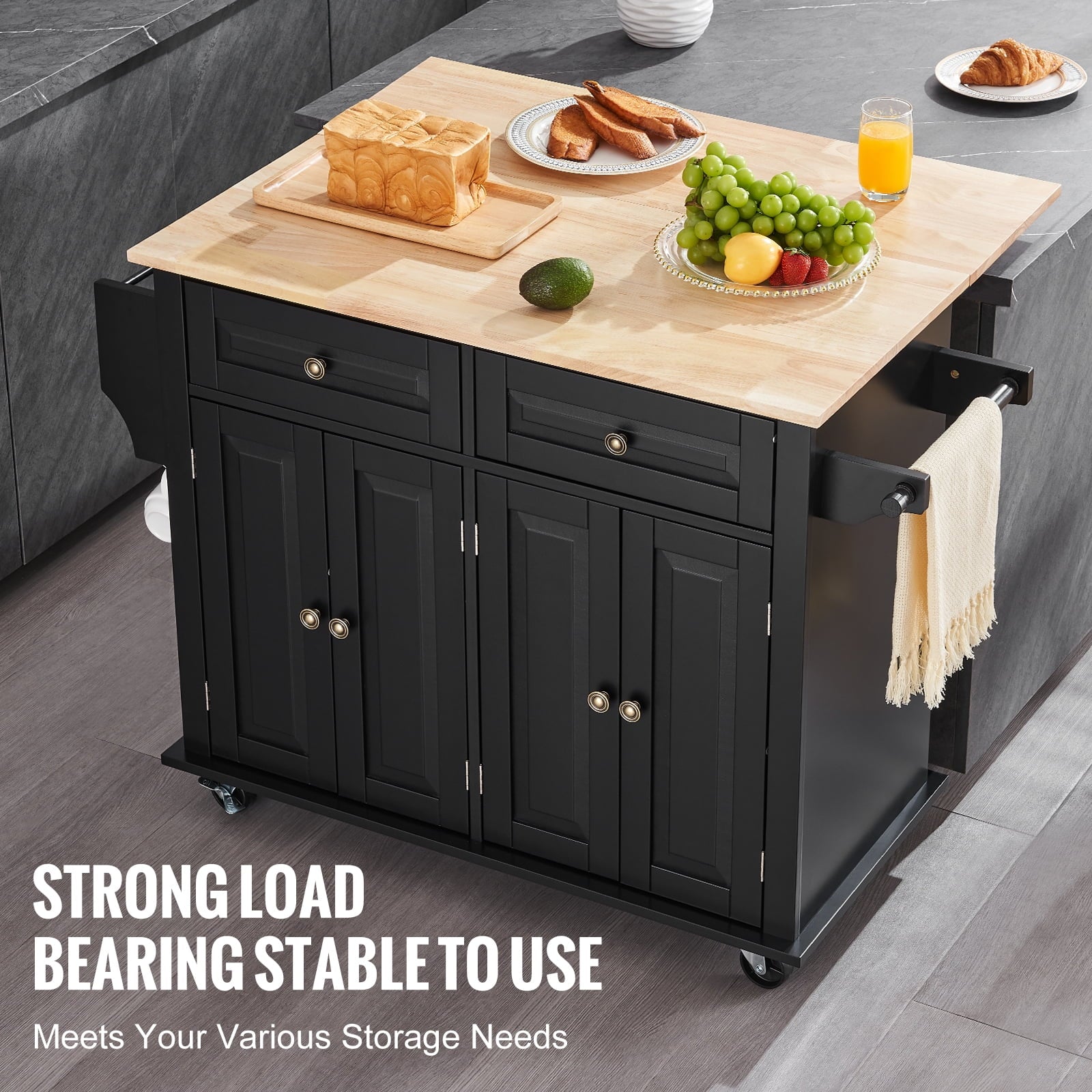 VEVOR Kitchen Island Cart, 43" Wood Top Mobile Carts with Storage Cabinet, Rolling Table with Drop Leaf, Spice Rack, Towel Bar, Adjustable Shelf, Drawer, and Hooks, Portable Islands on Wheels, Black