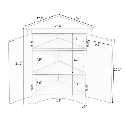 Triangle Bathroom Storage Cabinet, Wooden Corner Freestanding Floor Cabinet with Double Doors and Adjustable Shelves, Mordern Console Table for Bathroom, Living Room, Small Space, Grey