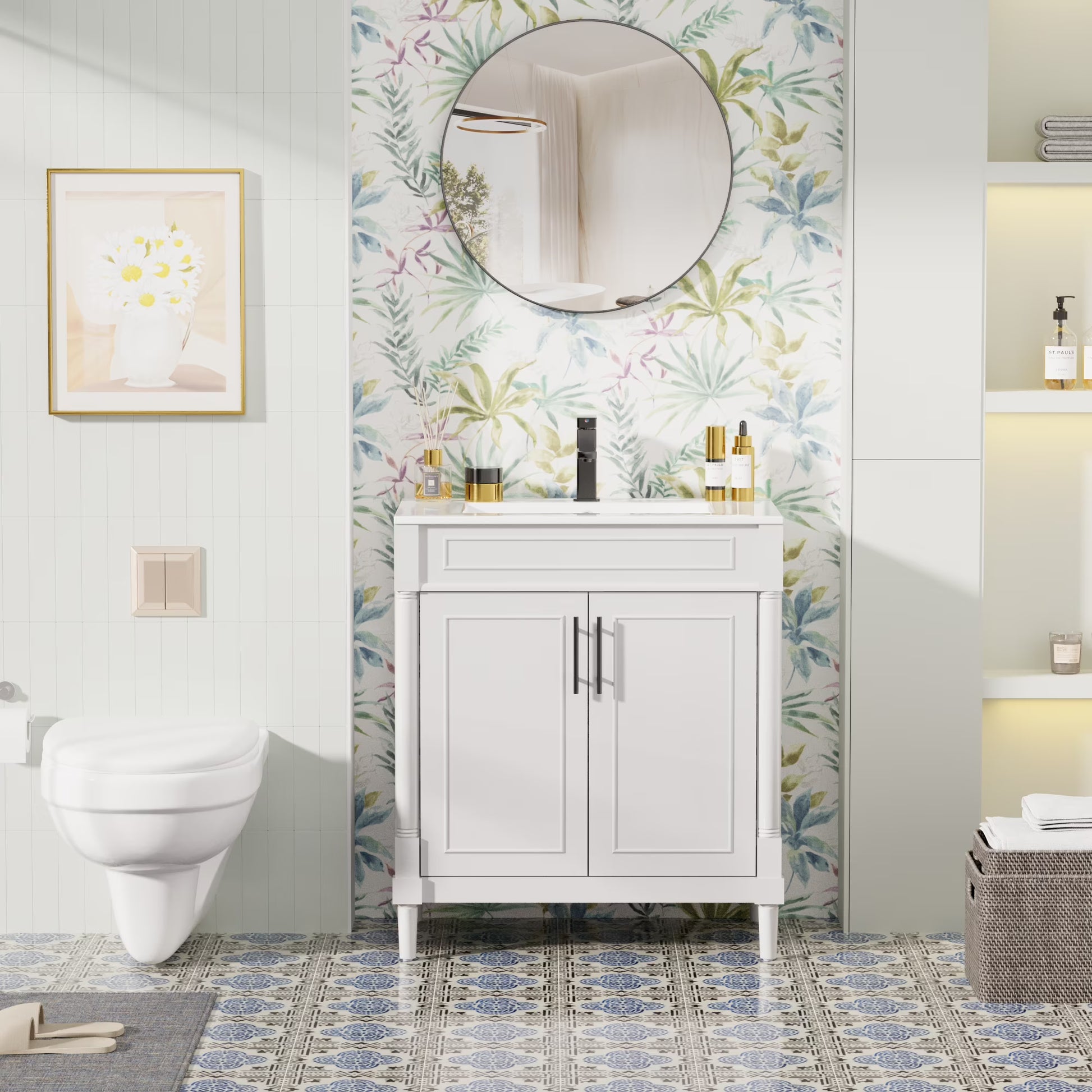 30" Freestanding Bathroom Vanity with Ceramic Sink Top, Faucet, Classic Tapered legs