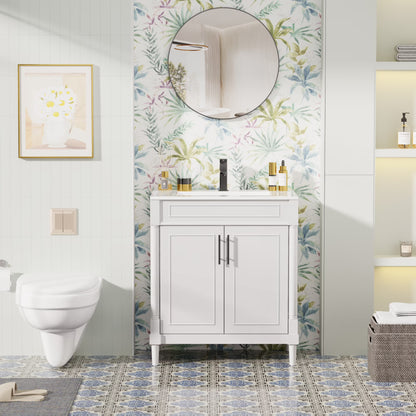 30" Freestanding Bathroom Vanity with Ceramic Sink Top, Faucet, Classic Tapered legs