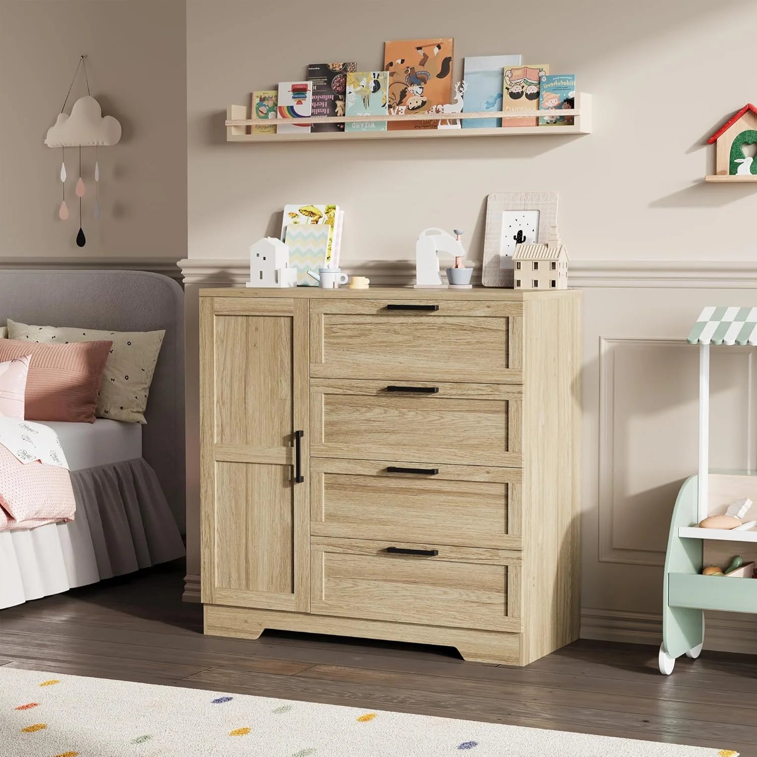 43.3" H Armoire Wardrobe Closet with 4 Drawers & Hanging Rod, Multifunctional Wood Storage Cabinet for Bedroom, Natural Oak