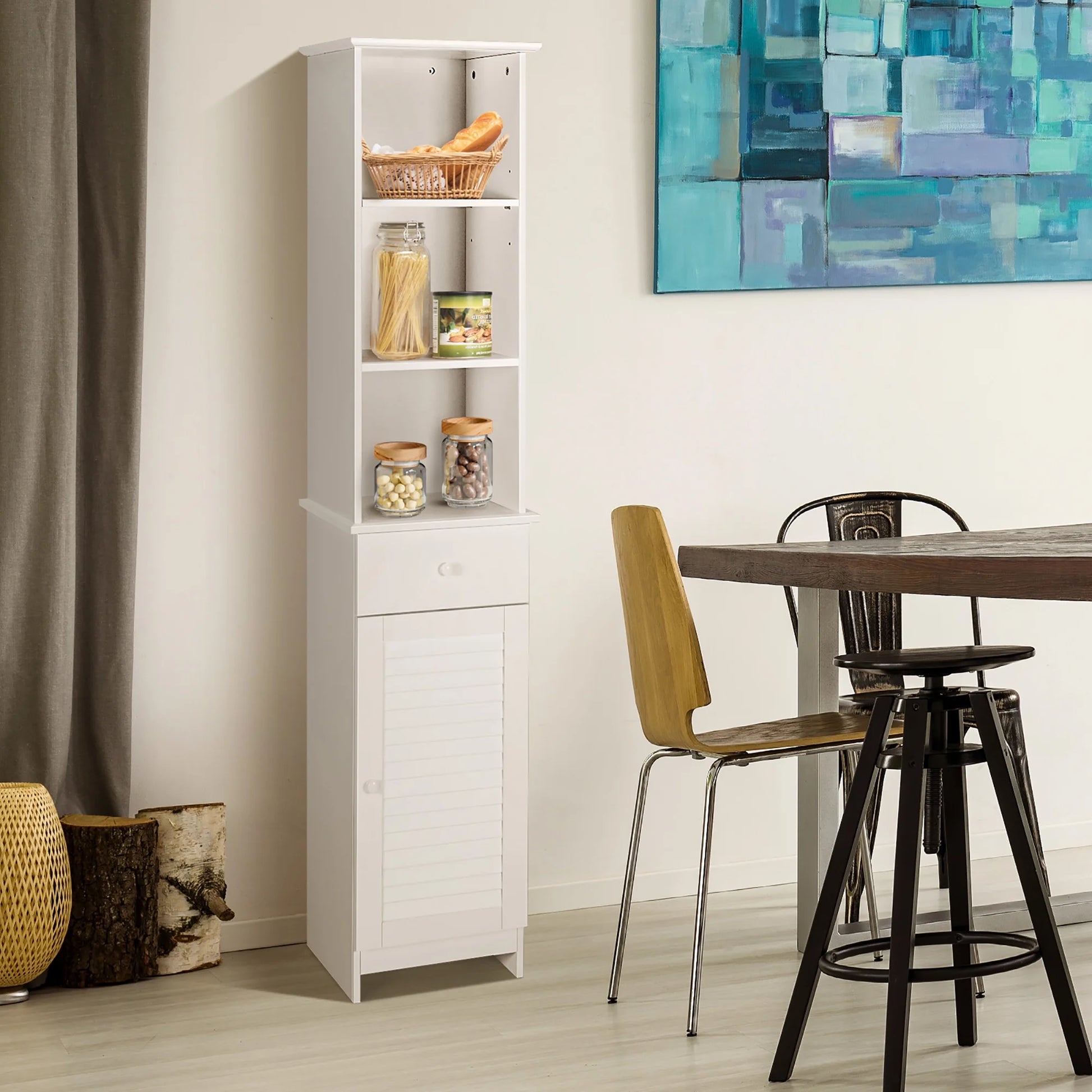 Costway Bathroom Tall Storage Cabinet Freestanding Linen Tower w/Open Shelves & Drawer