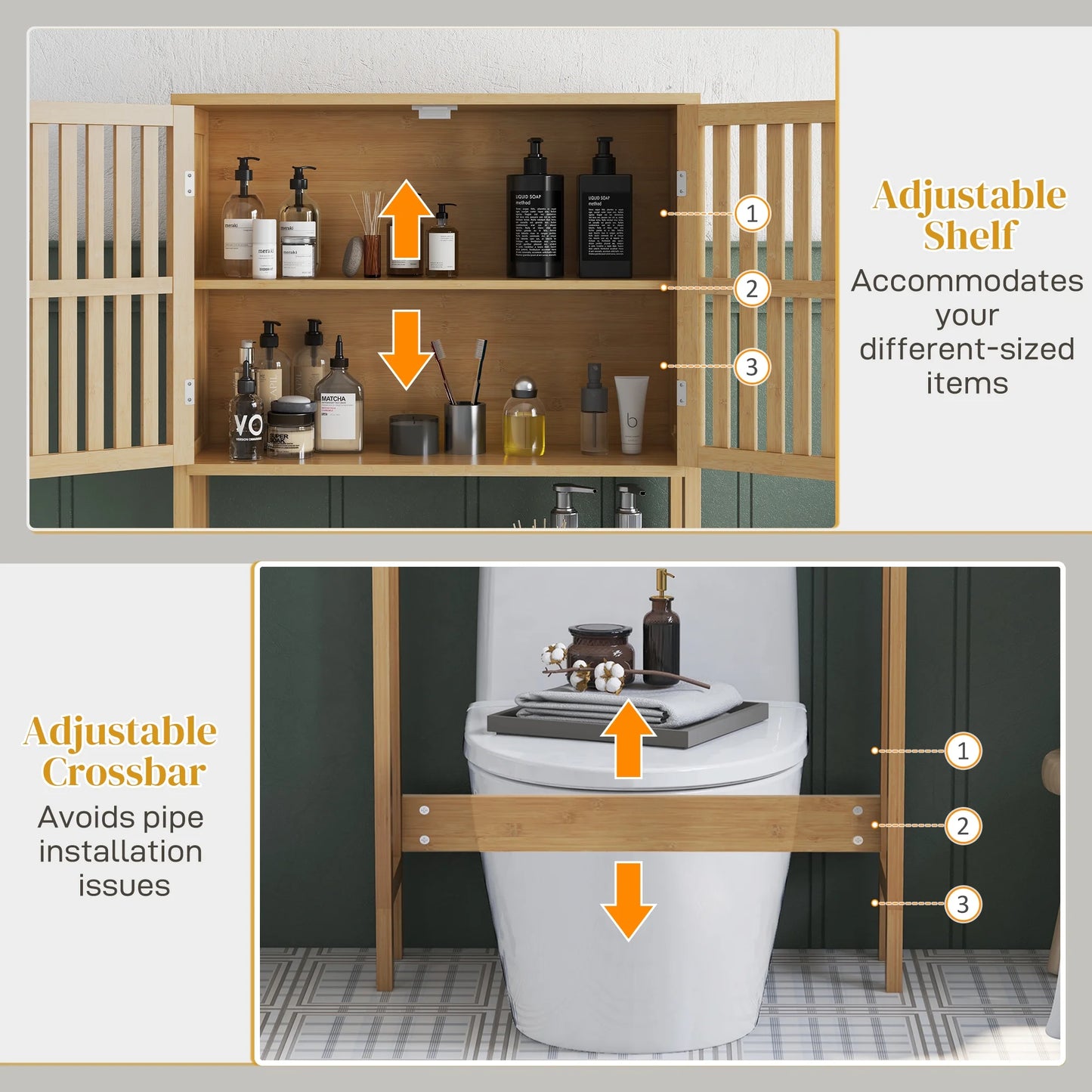 HOMCOM Bamboo Over the Toilet Storage Cabinet, Bathroom Space Saver Above Toilet with Double Slatted Doors, Adjustable Shelf and Open Shelf, Natural