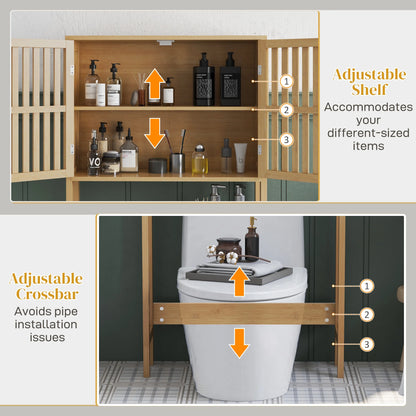 HOMCOM Bamboo Over the Toilet Storage Cabinet, Bathroom Space Saver Above Toilet with Double Slatted Doors, Adjustable Shelf and Open Shelf, Natural