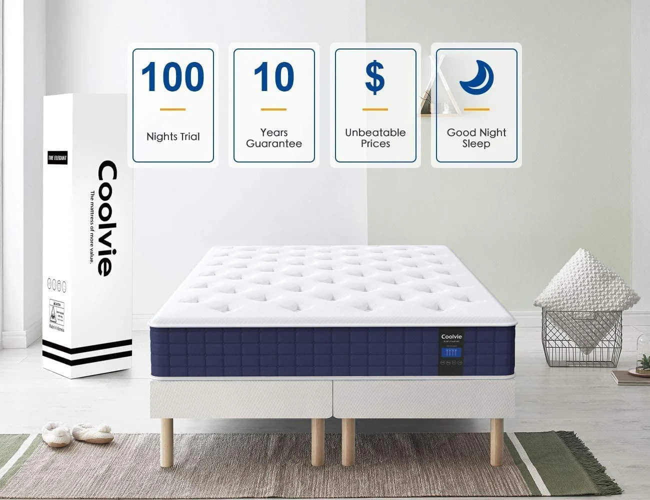 Queen Size Mattress, Coolvie 10 inch Hybrid Mattress in a Box, with Memory Foam and Pocket Springs, Medium Firm, for Adults and Kids