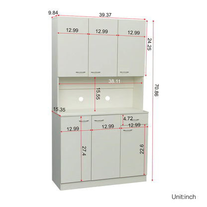 70.87" Tall Wardrobe & Kitchen Cabinet, Freestanding Storage Cabinet with 6 Doors, 1 Open Shelves and 1 Drawer, Kitchen Pantry Cabinet Buffet Sideboard Cabinet with 2 Cable Holes for Bedroom, White