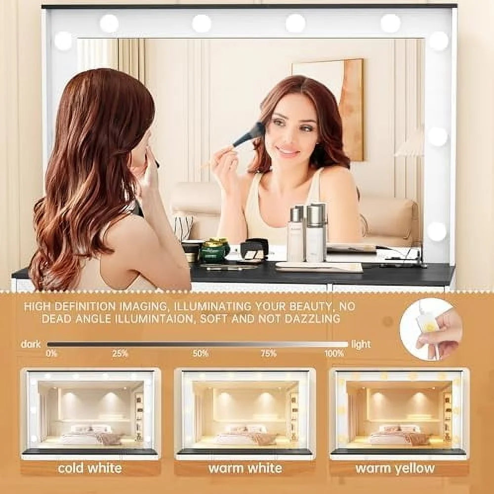 Vanity Table Set with Lighted Mirror,Makeup Dressing Table with 10 Light Bulbs and Touch Switch, 2 Large Drawers and Cushioned Stool for Women Girls Fit Bedroom, Bathroom (White)