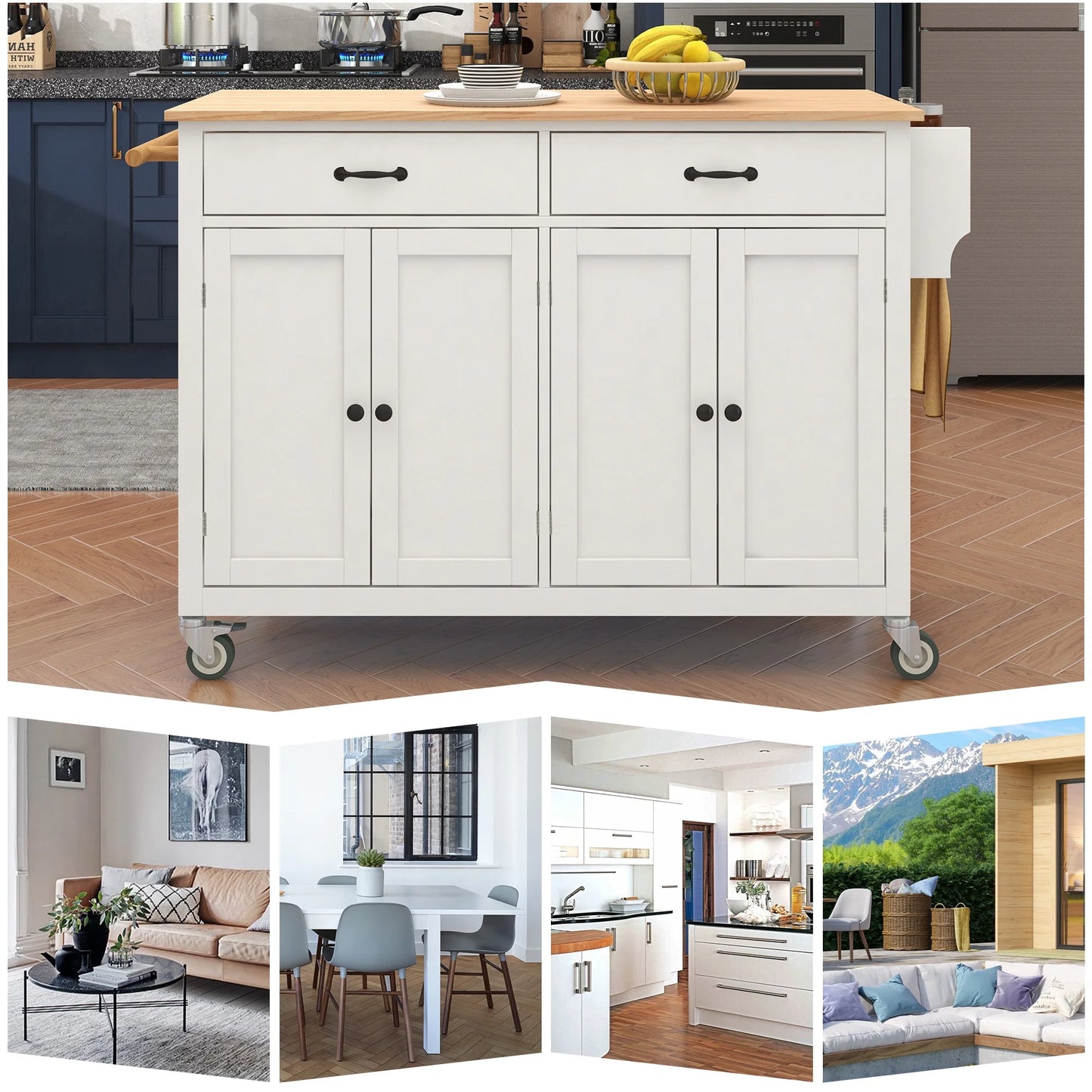 Aukfa Rolling Kitchen Island Cart with Storage Towel Racks & 4 Door Cabinet, White