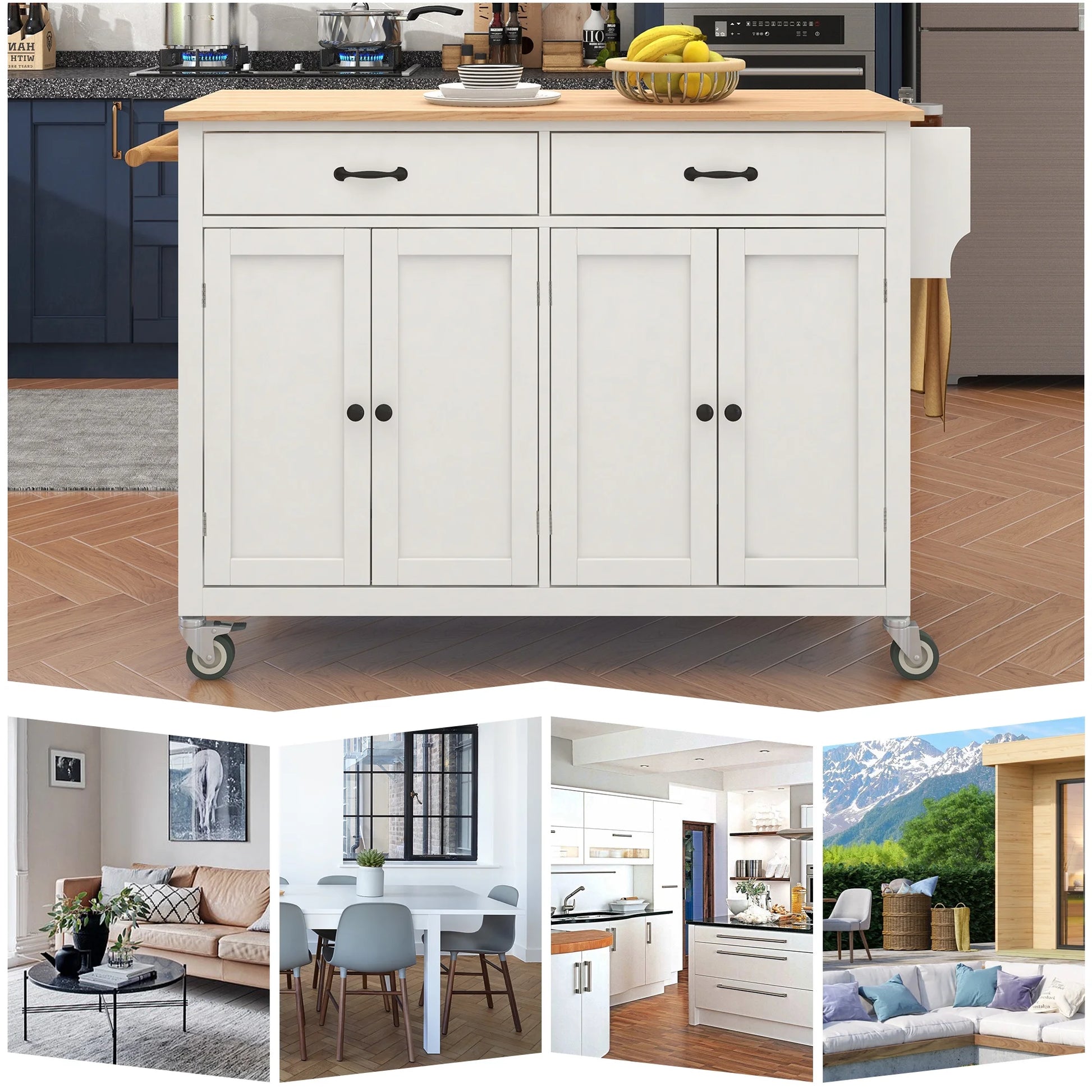 Aukfa Rolling Kitchen Island Cart with Storage Towel Racks & 4 Door Cabinet, White