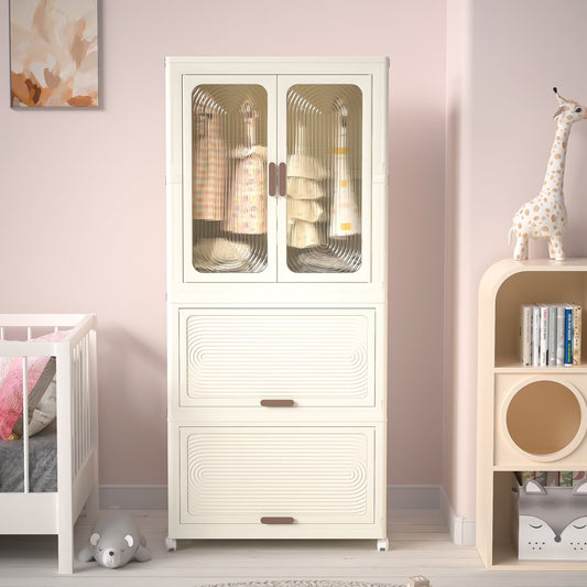 Montary Kids Portable Wardrobe w/Magnetic Doors & Hanging Rod - 4-Cube Plastic Storage Cabinet,Nursery/Bedroom