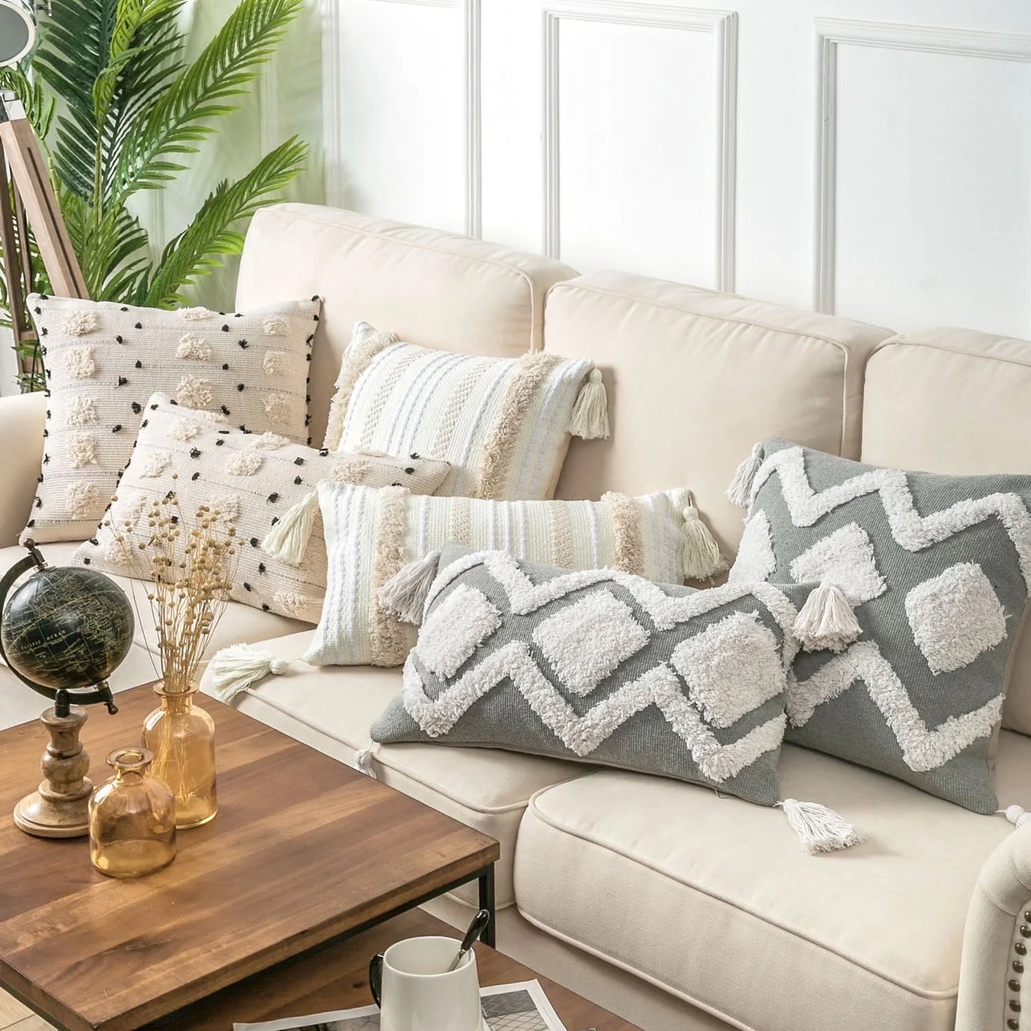 Phantoscope Boho Woven Tufted with Tassel Series Decorative Throw Pillow, 18" x 18", Cream White Stripe, 1 Pack