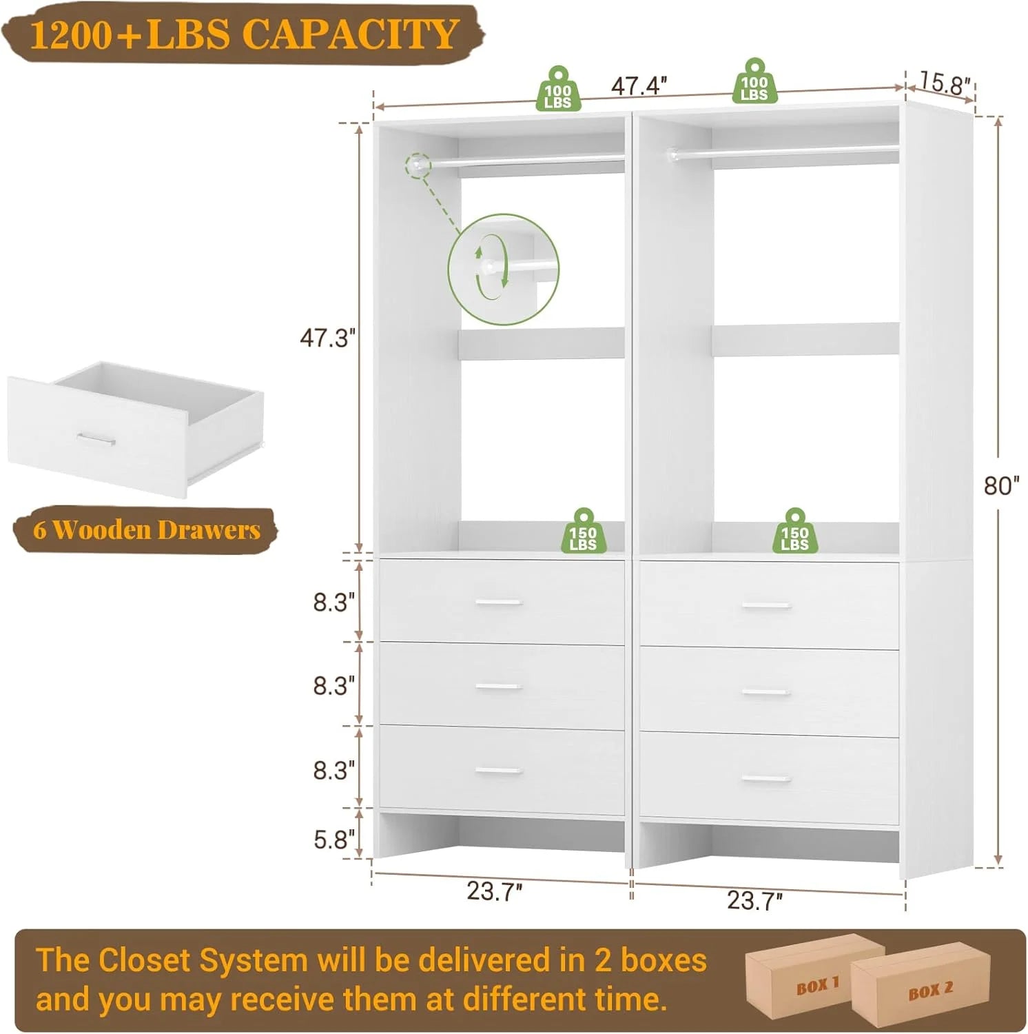 Homieasy Closet System Closet Organizer, Wood Closet Organizer System, Walk-in Closet or Small Closets Wardrobe, Clothes Rack with Hanging Rods, 4FT Closets, Set of 2, White Oak