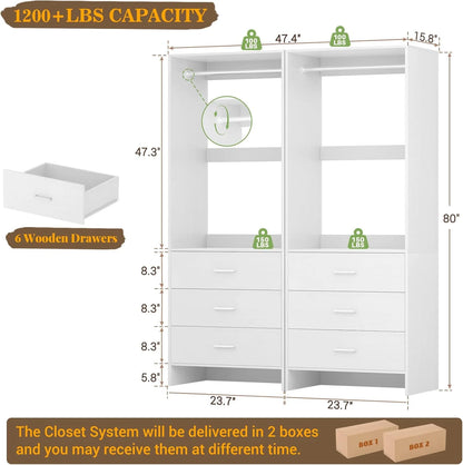 Homieasy Closet System Closet Organizer, Wood Closet Organizer System, Walk-in Closet or Small Closets Wardrobe, Clothes Rack with Hanging Rods, 4FT Closets, Set of 2, White Oak