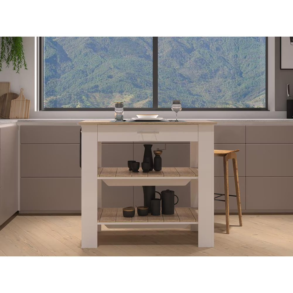 Depot E-Shop Delos 40 Kitchen Island with 2 Shelves, Drawer, 4 Legs, and Towel Rack, Black/Light Oak