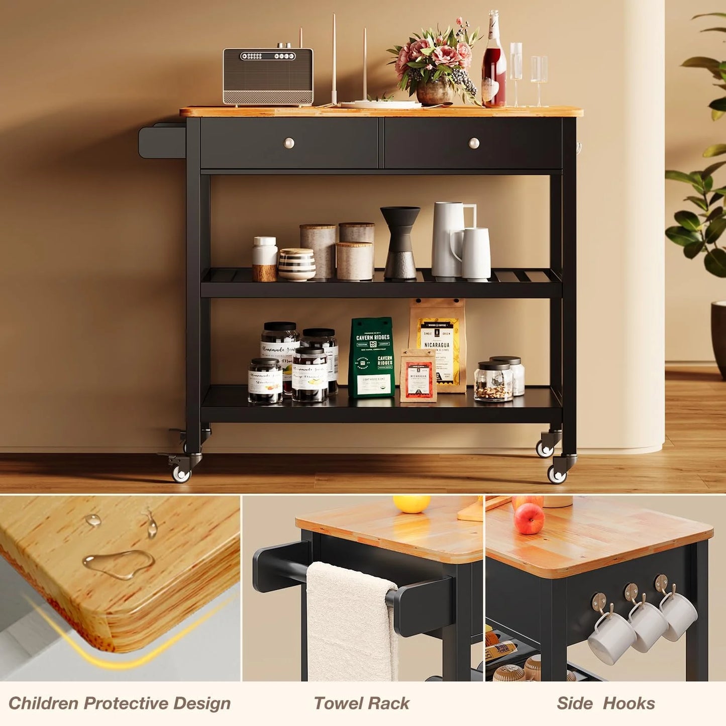AIZYT Kitchen Island Cart with Storage, 40° Wooden Top, 2 Tiers Spacious Shelves and Towel Bar, 2 Drawer Mobile Trolley Cart On Metal Wheels with Hooks for Dining Room, Bar, Outdoor, Black