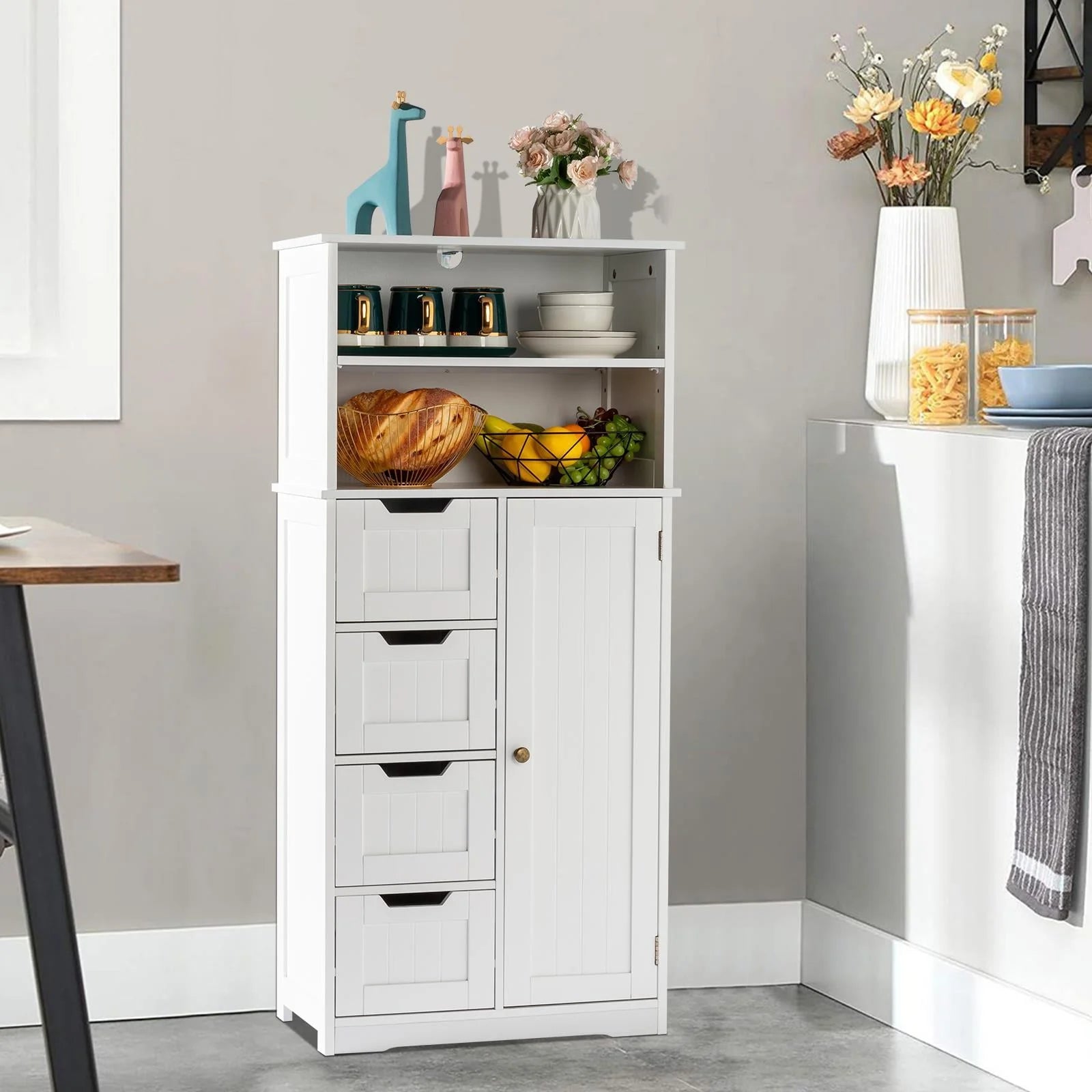 Ktaxon Freestanding Bathroom Floor Cabinet, Multipurpose Storage Cabinet with 4 Drawers, 1 Cupboard & Adjustable Shelves for Kitchen Living Room Bedroom, White