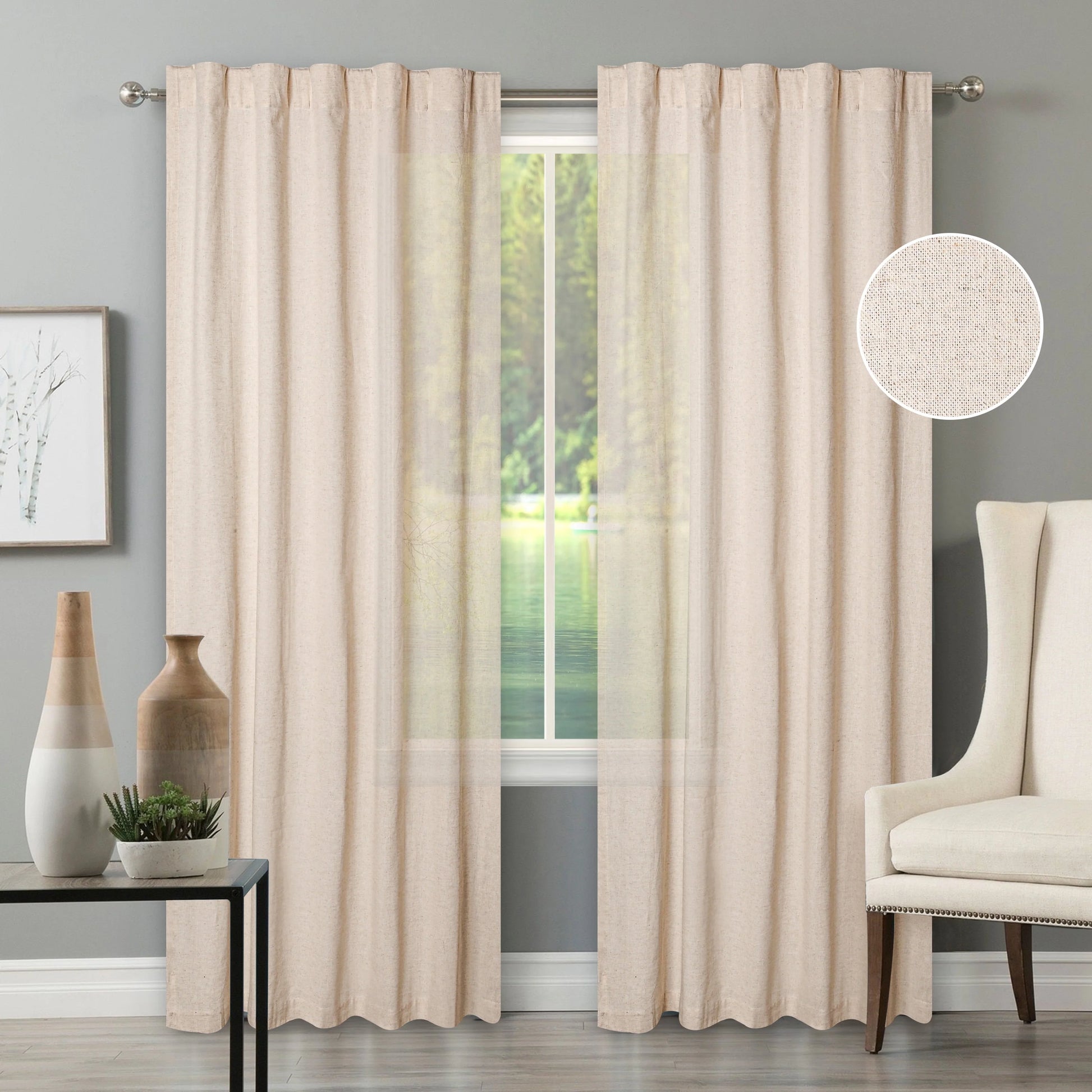 Bedding Craft Linen Cotton Tab Top Farmhouse, Livingroom, Window Curtains Set of 2 (50x108 inches)