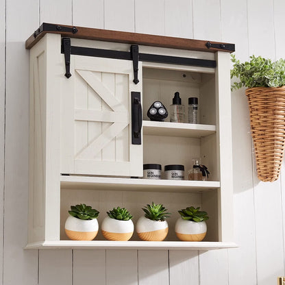 OKD Wall Storage Cabinet with Barn Door & 3 Shelves Farmhouse Wooden Bathroom Wall Mounted Medicine Cabinet Organizer Spacesaver for Kitchen Laundry Room Hotels Home, Light Rustic Oak