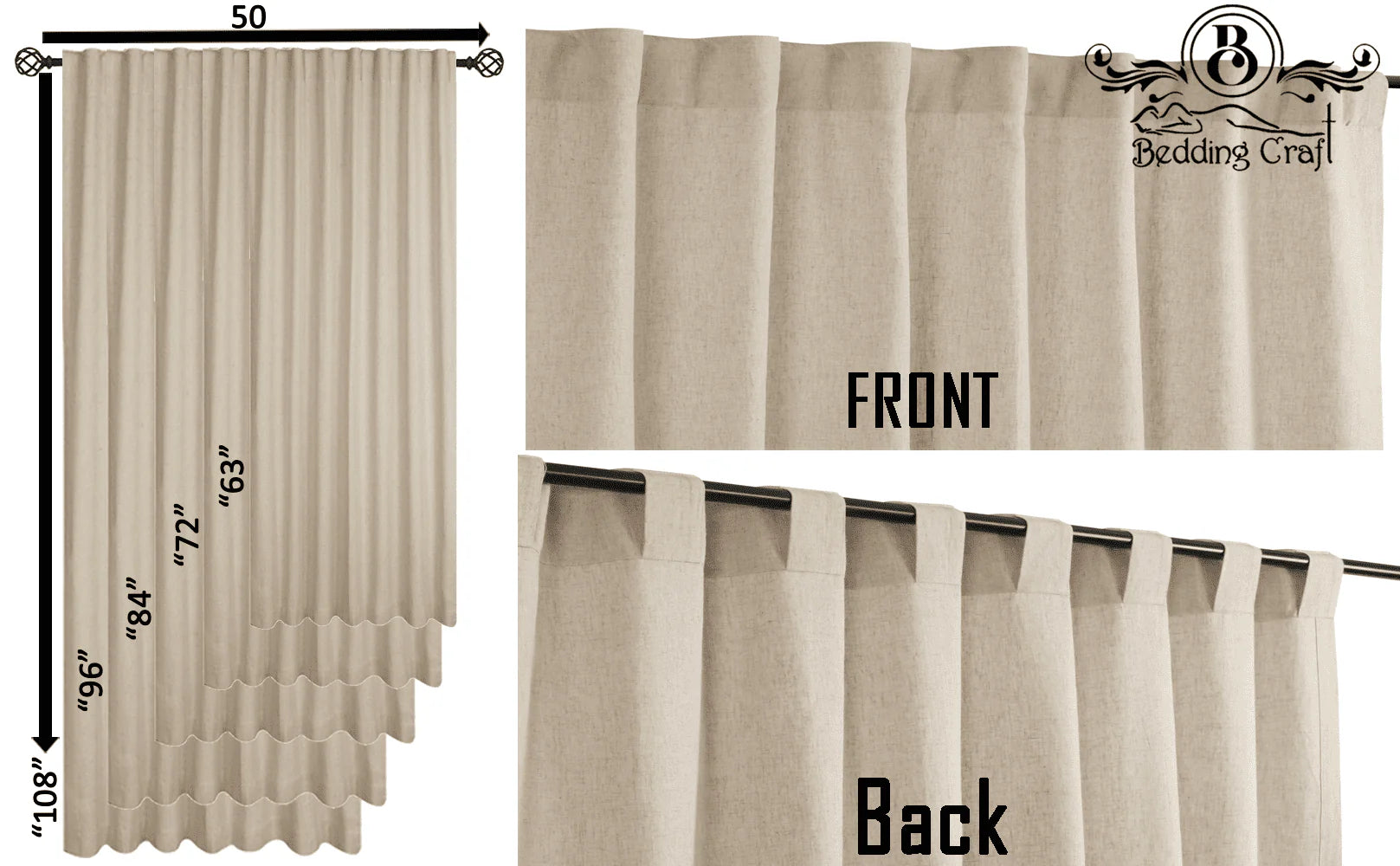 Bedding Craft Linen Cotton Tab Top Farmhouse, Livingroom, Window Curtains Set of 2 (50x108 inches)