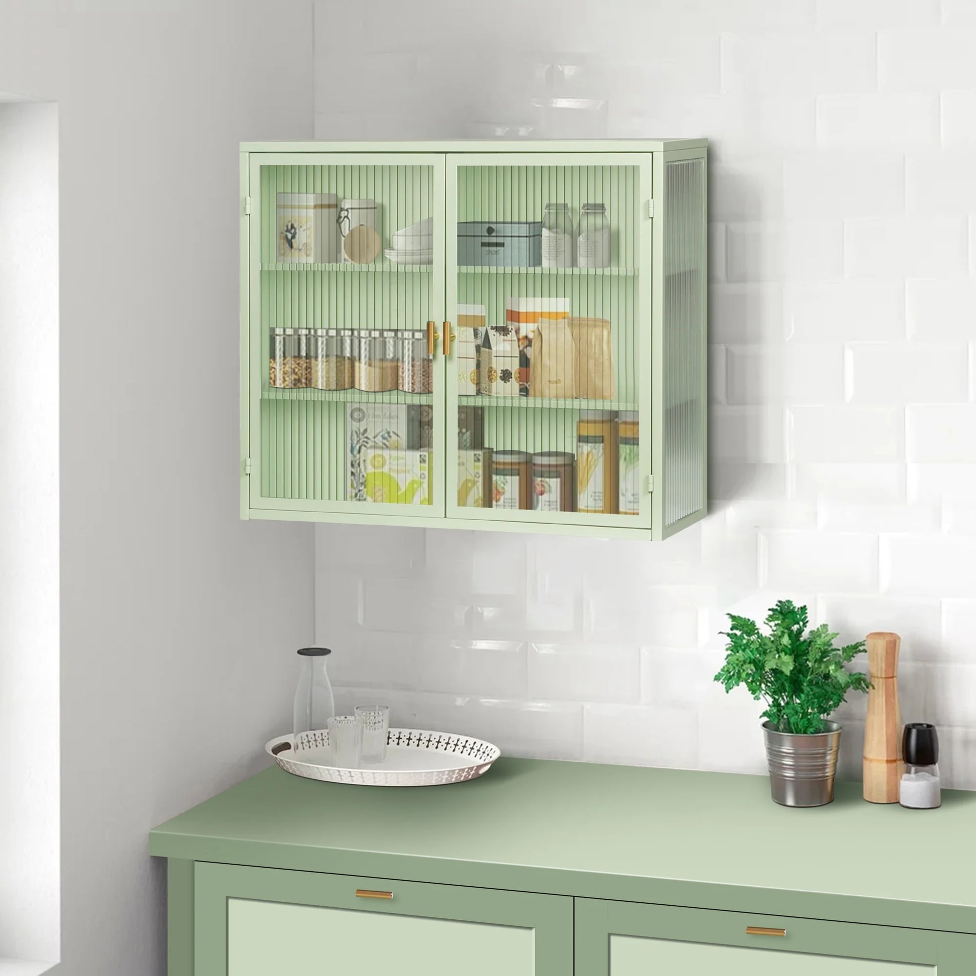 27.56"Modern Wall Cabinet with Glass Doors, Bathroom Cabinet with Featuring Three-tier Storage for Entryway Living Room, Bathroom or Dining Room, Mint Green