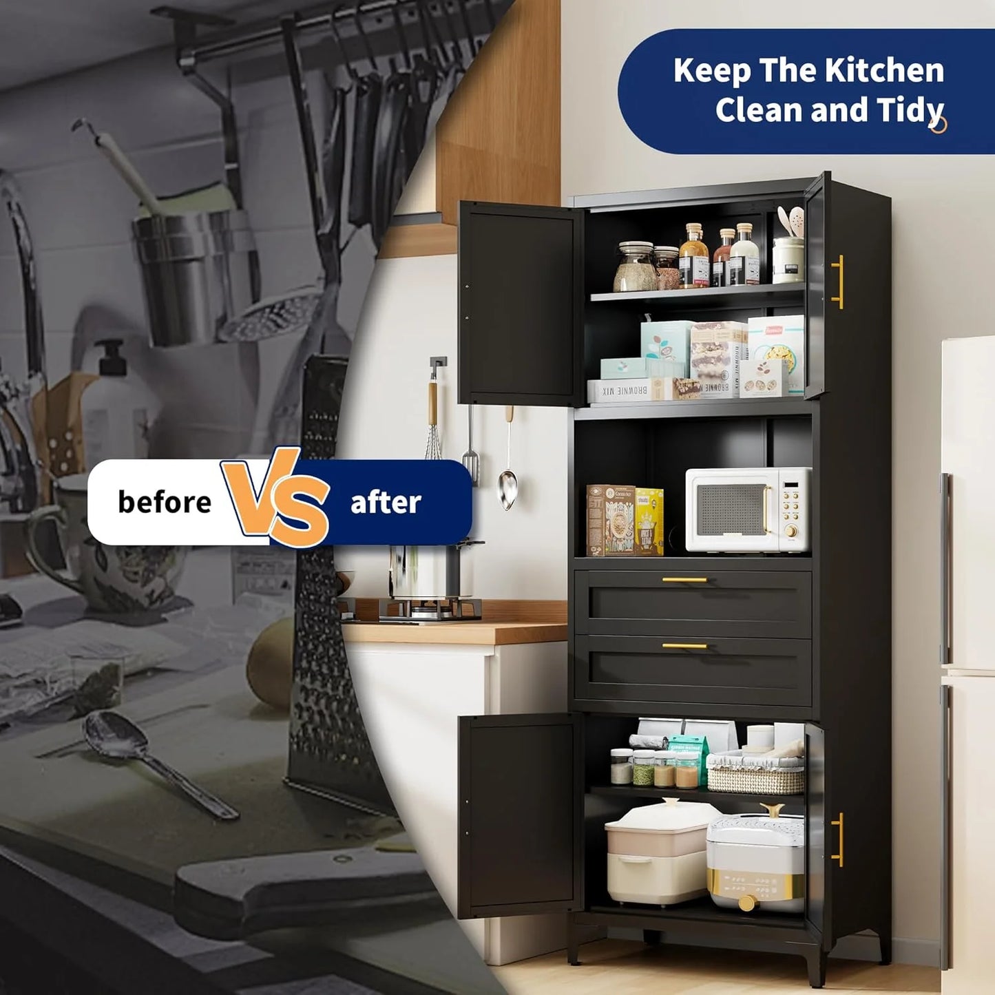 75° Tall Kitchen Pantry Storage Cabinet, Metal Storage Cabinet with 2 Drawers and Adjustable Shelves, Kitchen Pantry Cupboard, Freestanding Cupboard for Bathroom, Living Room(Black)
