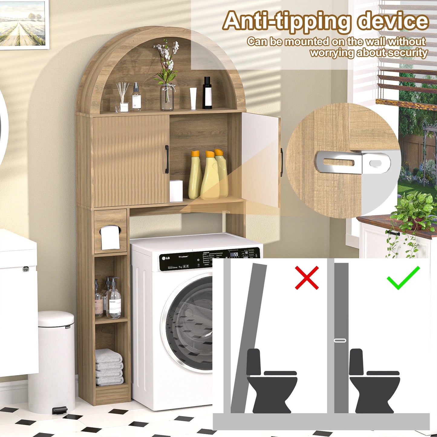 HARIPUL Over The Toilet Storage Cabinet w/Unique Wood Grain & Arc Design, Freestanding Bathroom Shelf Organizer Space Saver w/Doors & Anti-Tip Device, Wood Color