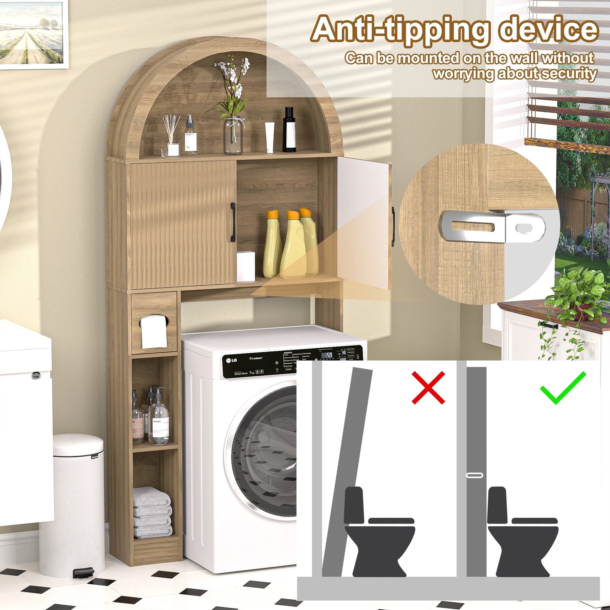 HARIPUL Over The Toilet Storage Cabinet w/Unique Wood Grain & Arc Design, Freestanding Bathroom Shelf Organizer Space Saver w/Doors & Anti-Tip Device, Wood Color
