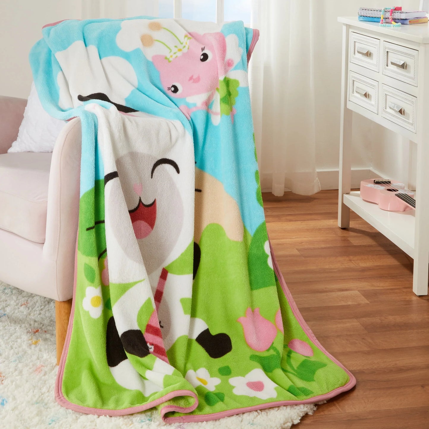 Gabby's Dollhouse Kids Fleece Throw Blanket, 46 x 60, Blue and Green, DreamWorks