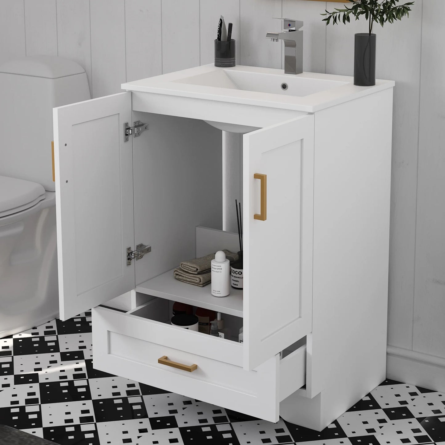 24" Bathroom Vanity with Ceramic Undermount Sink - Freestanding 2-Door & 1-Drawer Storage Cabinet, White