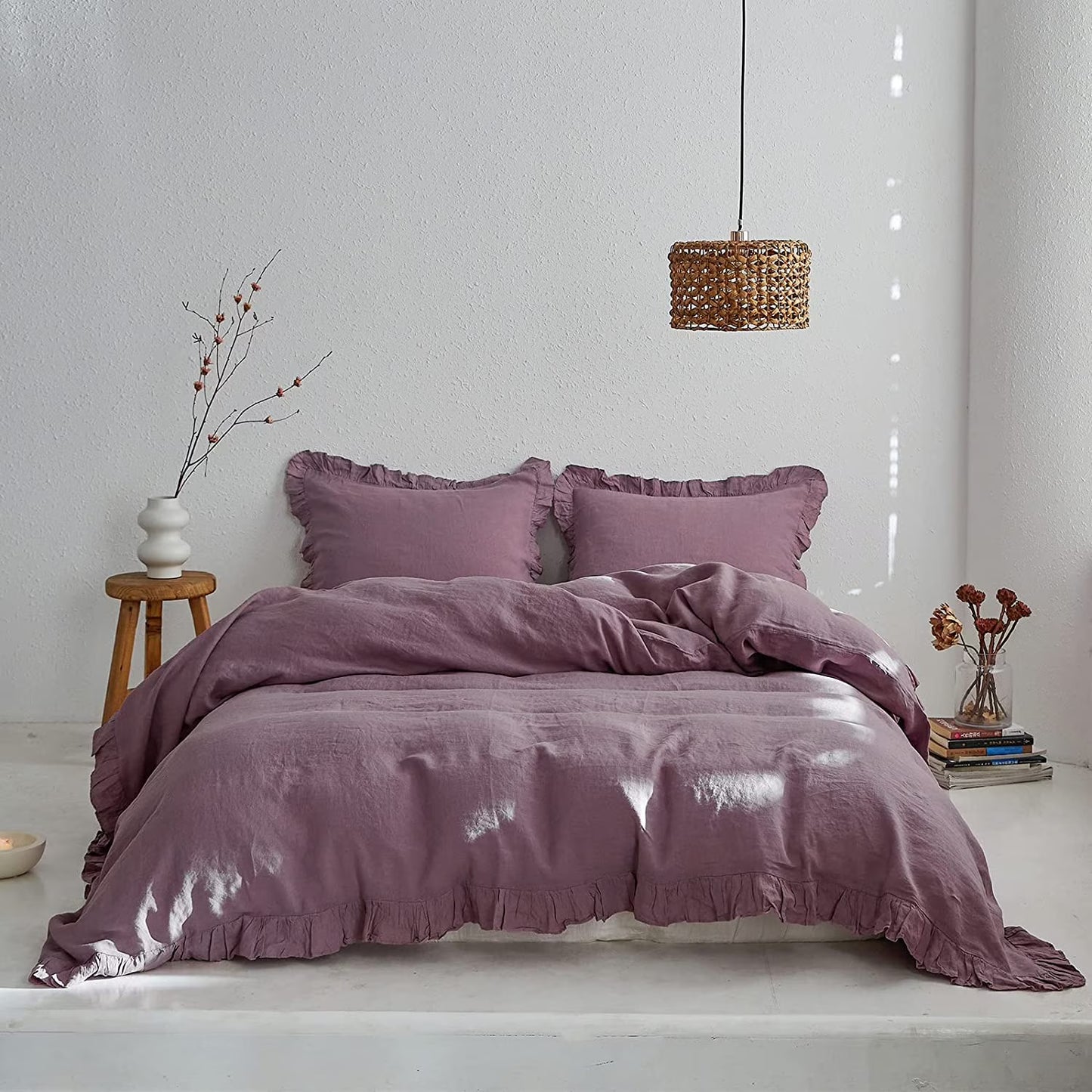 Simple& Opulence 100% Washed Linen Duvet Cover Set-3 Pieces Shabby Chic Premium Ruffled Bedding with 1 Comforter Cover and 2 Pillowshams France Flax High End Frill Sets Vintage Style(King, White)