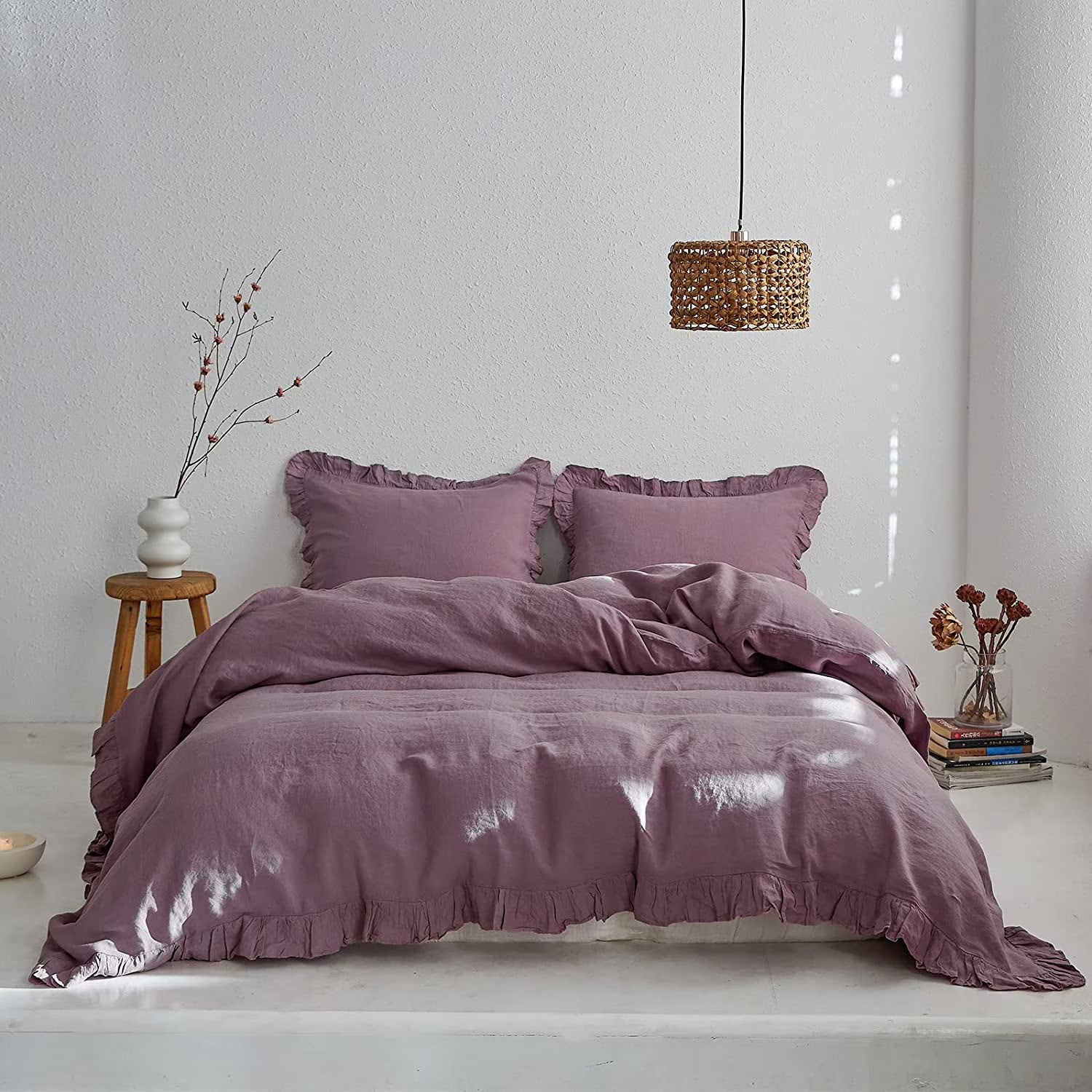 Simple& Opulence 100% Washed Linen Duvet Cover Set-3 Pieces Shabby Chic Premium Ruffled Bedding with 1 Comforter Cover and 2 Pillowshams France Flax High End Frill Sets Vintage Style(King, White)