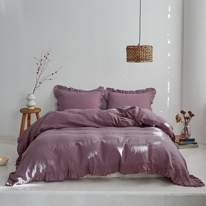 Simple& Opulence 100% Washed Linen Duvet Cover Set-3 Pieces Shabby Chic Premium Ruffled Bedding with 1 Comforter Cover and 2 Pillowshams France Flax High End Frill Sets Vintage Style(King, White)
