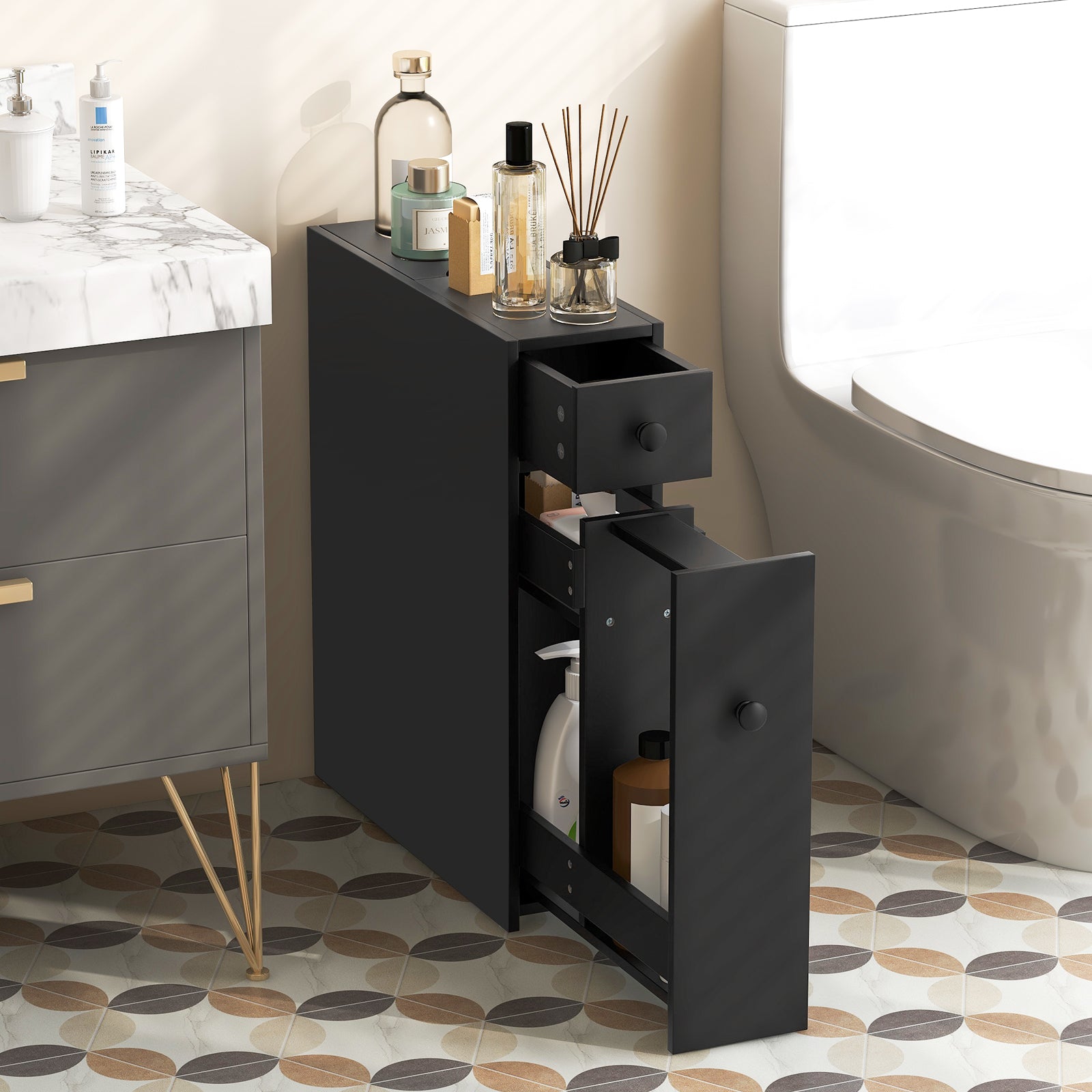 Topbuy Slim Bathroom Storage Cabinet Freestanding Toilet Paper Holder with Slide Out Drawers for Small Spaces White