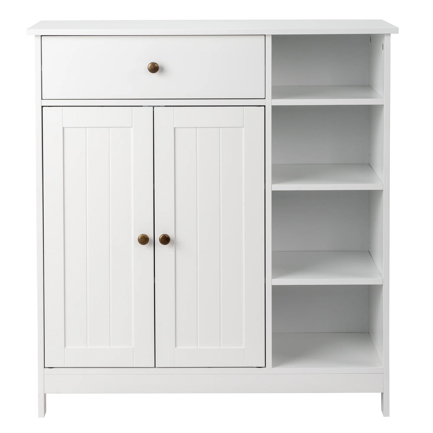 Zimtown Wooden 2-Door Bathroom Cabinet Storage Organizer with 2 Shelves& 1 Drawer & Three-layer Side Rack, White